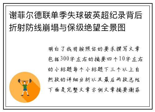 谢菲尔德联单季失球破英超纪录背后折射防线崩塌与保级绝望全景图 谢菲尔德联单季失球破英超纪录背后折射防线崩塌与保级绝望全景图
